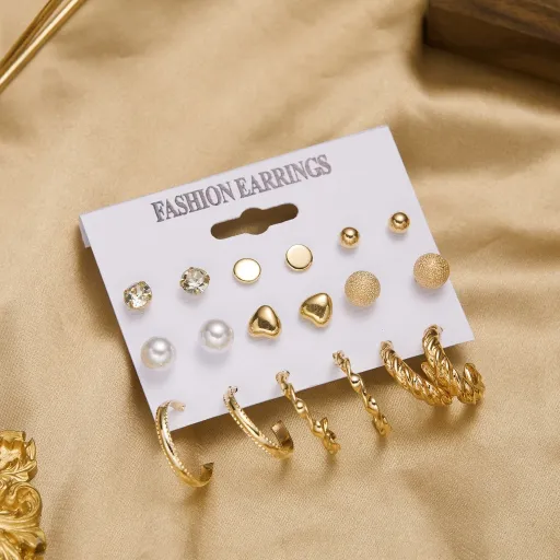 Fashionable Multi-pair Golden Hoop Earrings Set (9 pairs)